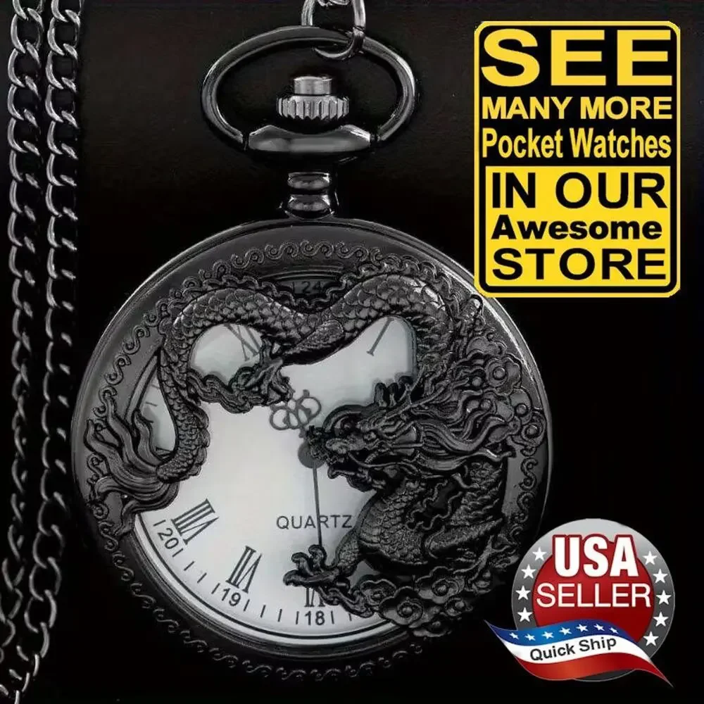 Pocket Watch & Chain • Chinese Royal Dragon • Roman Numerals • Black Anodized